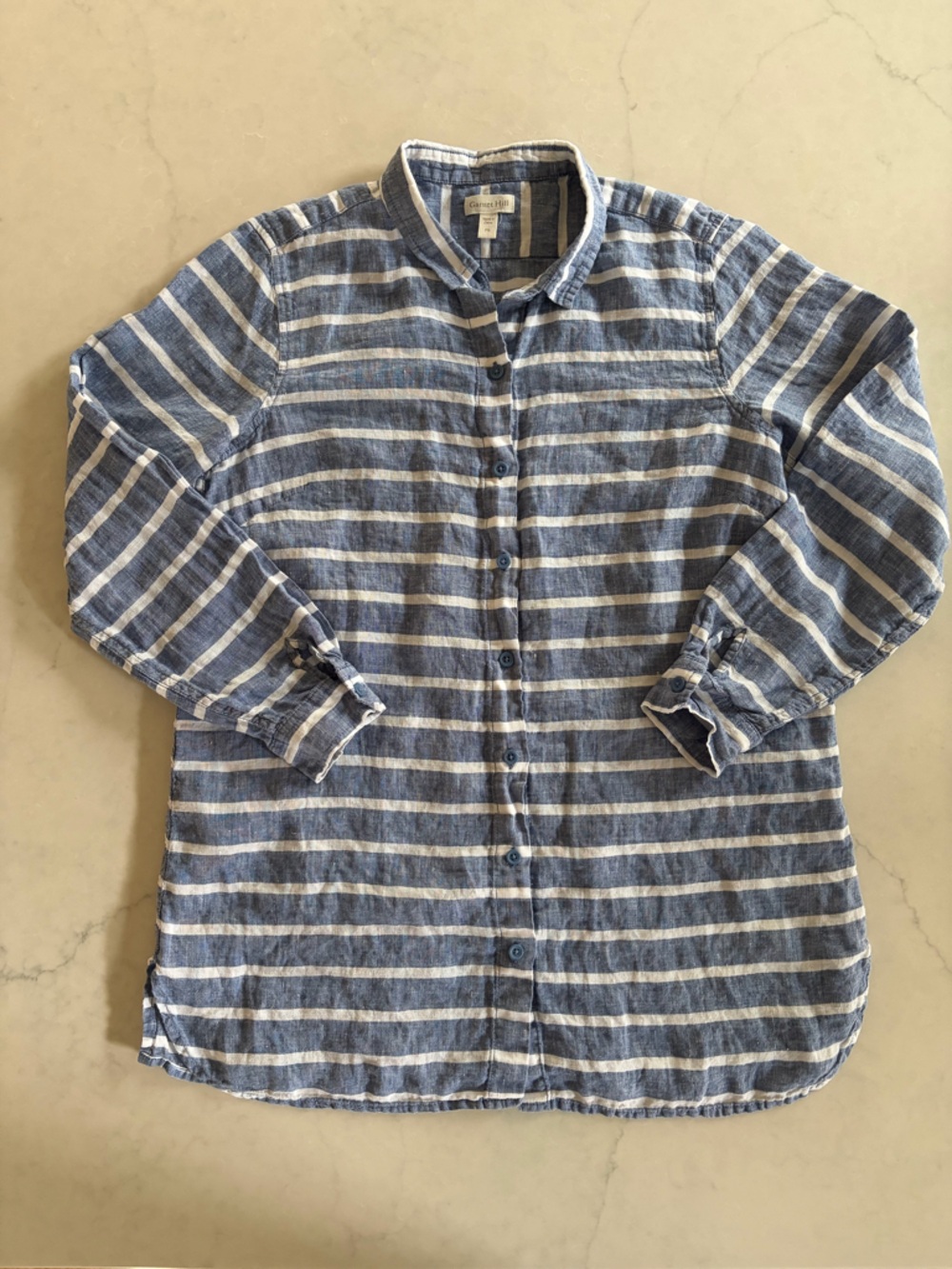 Garnet Hill 100% Linen Striped Button Down Shirt Blue White Size M